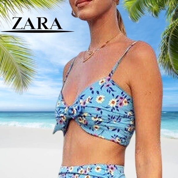Zara Crop Top Bandeau Summer Blue Floral Shirred SmockePretty Cute Beachy - Picture 10 of 14